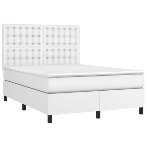 Łóżko kontynentalne z materacem i LED, biała ekoskóra 140x190cm