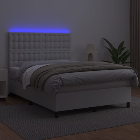 Łóżko kontynentalne z materacem i LED, biała ekoskóra 140x190cm