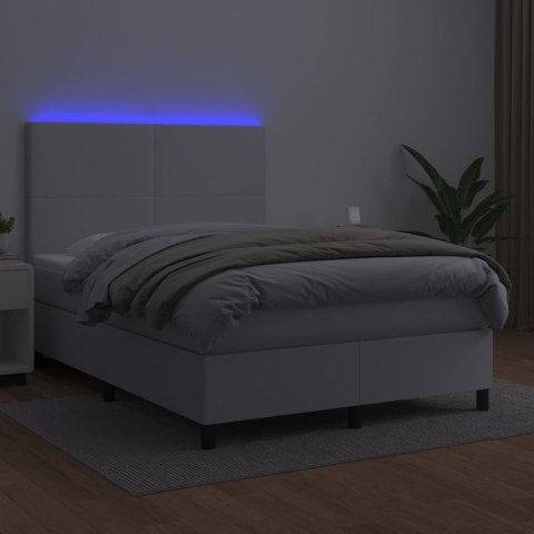 Łóżko kontynentalne z materacem i LED, biała ekoskóra 140x200cm