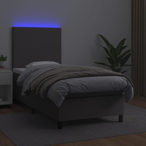 Łóżko kontynentalne z materacem i LED, szara ekoskóra 90x200 cm