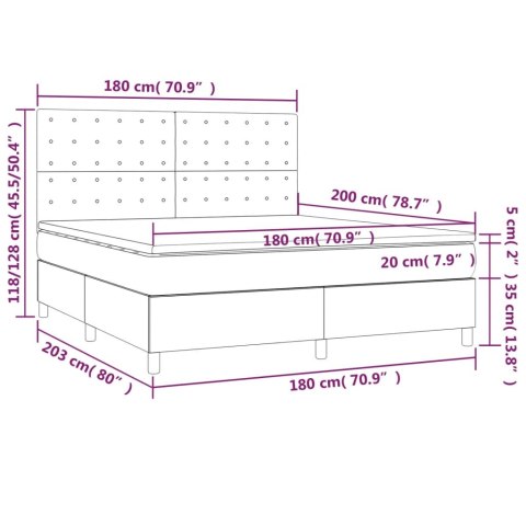 Łóżko kontynentalne z materacem i LED, szare 180x200cm, aksamit