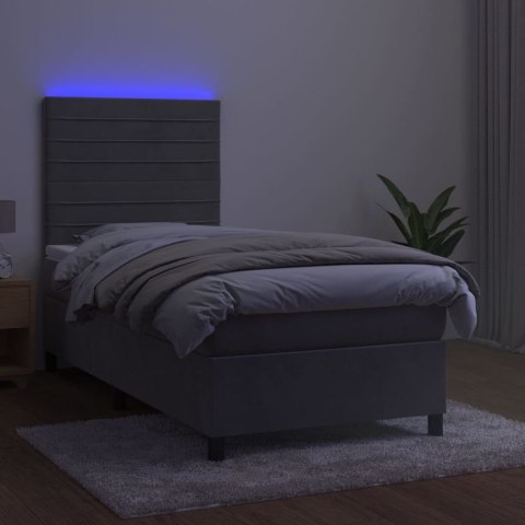 Łóżko kontynentalne z materacem i LED, szare 90x190 cm, aksamit