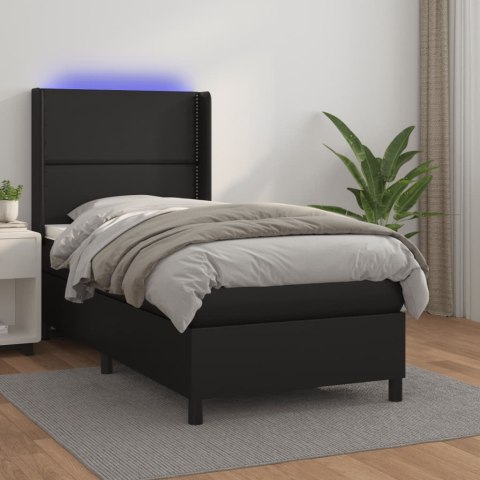 Łóżko kontynentalne z materacem i LED czarna ekoskóra 90x200 cm