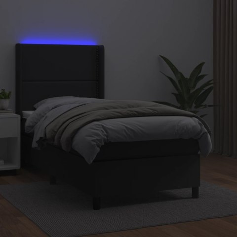 Łóżko kontynentalne z materacem i LED czarna ekoskóra 90x200 cm