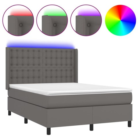 Łóżko kontynentalne z materacem i LED, szara ekoskóra 140x190cm