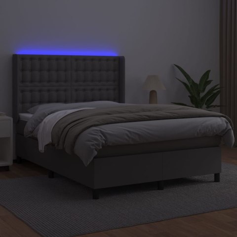 Łóżko kontynentalne z materacem i LED, szara ekoskóra 140x190cm