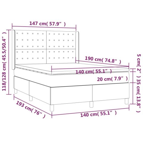 Łóżko kontynentalne z materacem i LED, szara ekoskóra 140x190cm