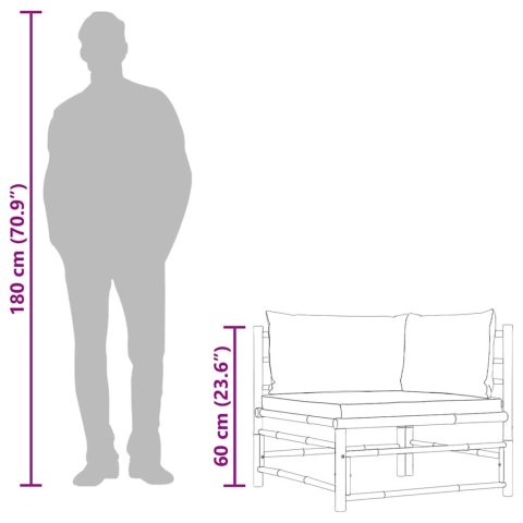 Ogrodowa sofa narożna, śmietankowe poduszki, bambus