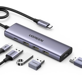 5w1 HUB adapter USB-C - USB-C PD / HDMI / 3x USB-A 3.0 - szary