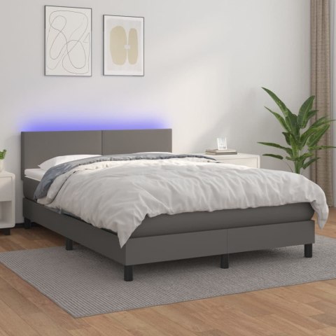 Łóżko kontynentalne z materacem i LED, szara ekoskóra 140x190cm