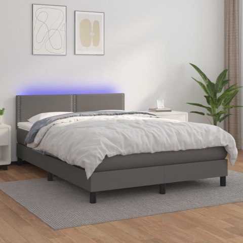 Łóżko kontynentalne z materacem i LED, szara ekoskóra 140x190cm