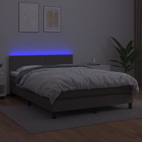 Łóżko kontynentalne z materacem i LED, szara ekoskóra 140x190cm