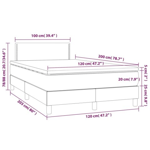 Łóżko kontynentalne z materacem i LED, szare 120x200cm, aksamit
