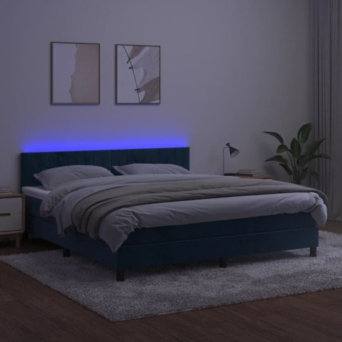 Łóżko kontynentalne, materac i LED, niebieski aksamit 180x200cm