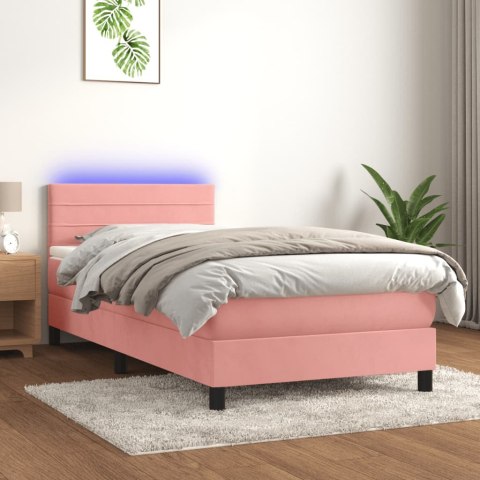 Łóżko kontynentalne z materacem i LED, różowy aksamit 90x200 cm
