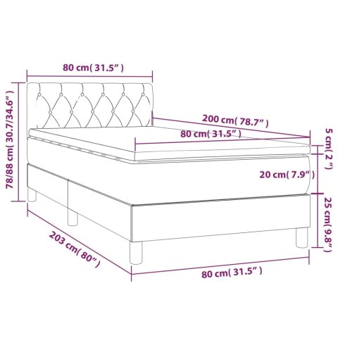 Łóżko kontynentalne z materacem i LED, szare 80x200 cm, aksamit