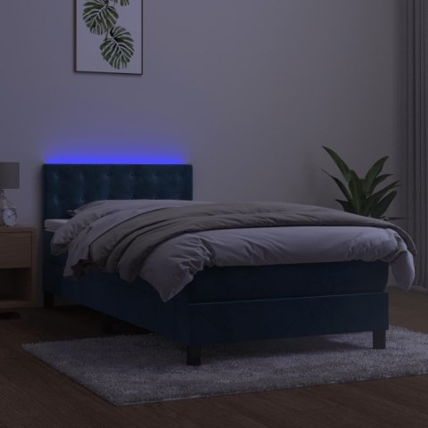 Łóżko kontynentalne, materac i LED, niebieski aksamit 90x200 cm