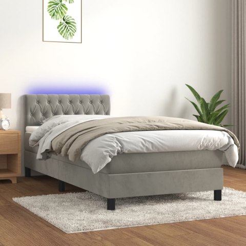 Łóżko kontynentalne z materacem i LED, szare 90x200 cm, aksamit