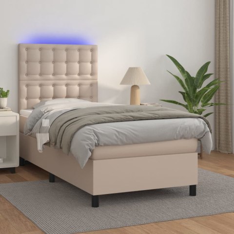 Łóżko kontynentalne, materac i LED cappuccino ekoskóra 90x190cm
