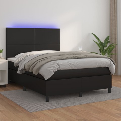 Łóżko kontynentalne, materac i LED, czarna ekoskóra, 140x190 cm