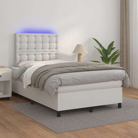 Łóżko kontynentalne z materacem i LED, biała ekoskóra 120x200cm
