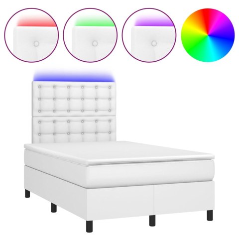 Łóżko kontynentalne z materacem i LED, biała ekoskóra 120x200cm