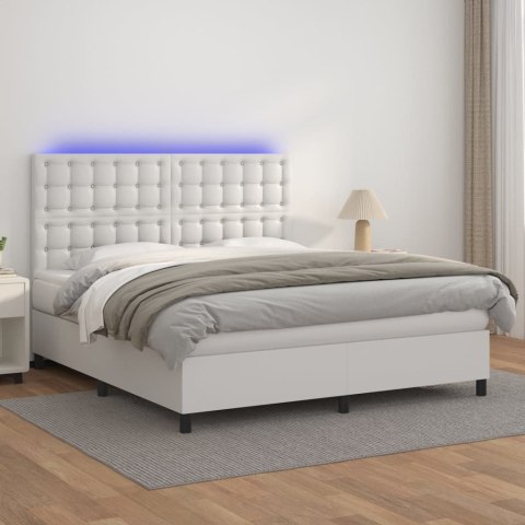 Łóżko kontynentalne z materacem i LED, biała ekoskóra 160x200cm