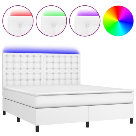 Łóżko kontynentalne z materacem i LED, biała ekoskóra 160x200cm