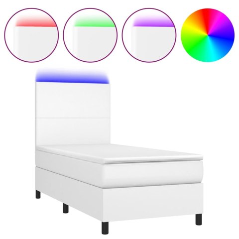 Łóżko kontynentalne z materacem i LED, biała ekoskóra 90x190 cm