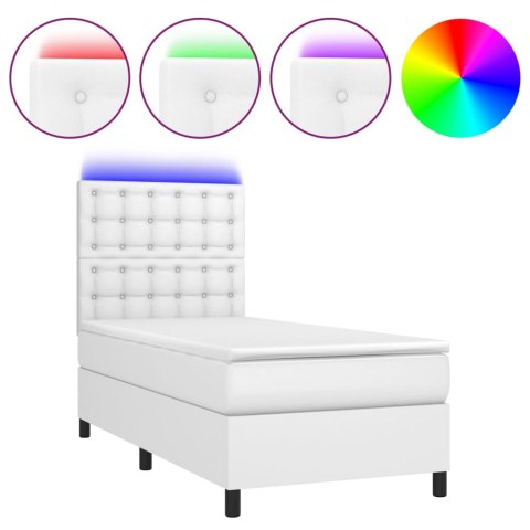 Łóżko kontynentalne z materacem i LED, biała ekoskóra 90x190 cm