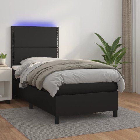 Łóżko kontynentalne z materacem i LED czarna ekoskóra 100x200cm