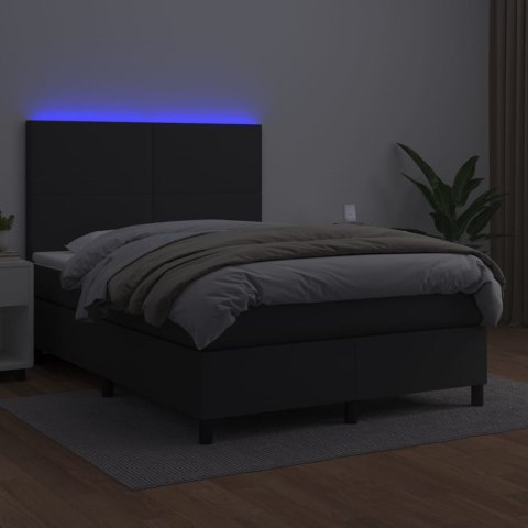Łóżko kontynentalne z materacem i LED czarna ekoskóra 140x200cm
