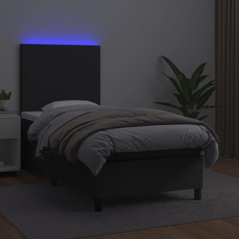 Łóżko kontynentalne z materacem i LED czarna ekoskóra 80x200 cm