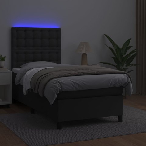 Łóżko kontynentalne z materacem i LED czarna ekoskóra 90x190 cm