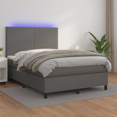 Łóżko kontynentalne z materacem i LED, szara ekoskóra 140x190cm