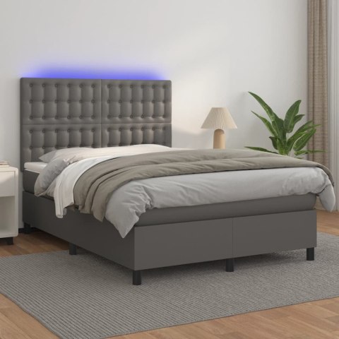 Łóżko kontynentalne z materacem i LED, szara ekoskóra 140x190cm