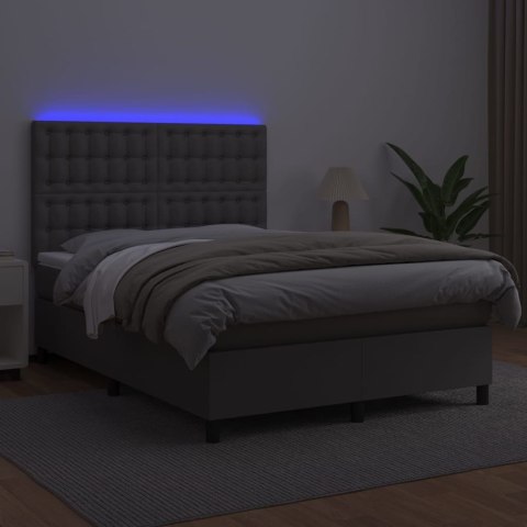 Łóżko kontynentalne z materacem i LED, szara ekoskóra 140x190cm