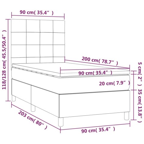 Łóżko kontynentalne, materac i LED, niebieski aksamit 90x200 cm