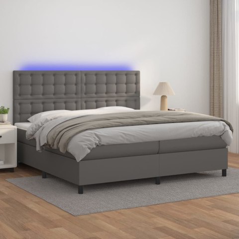 Łóżko kontynentalne z materacem i LED, szara ekoskóra 200x200cm