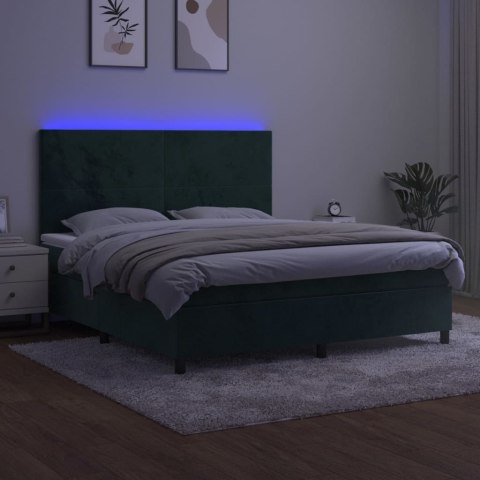 Łóżko kontynentalne z materacem i LED zielony aksamit 160x200cm