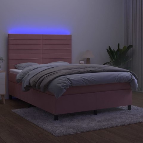 Łóżko kontynentalne z materacem i LED, różowy aksamit 140x200cm