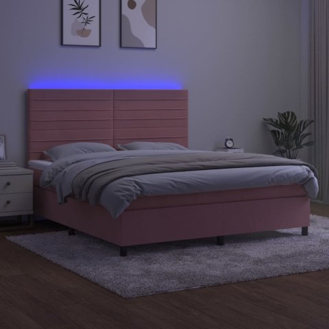 Łóżko kontynentalne z materacem i LED, różowy aksamit 160x200cm