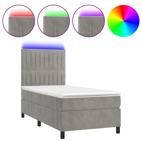 Łóżko kontynentalne z materacem i LED, szare 100x200cm, aksamit