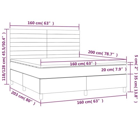 Łóżko kontynentalne z materacem i LED, szare 160x200cm, aksamit
