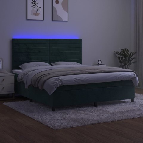 Łóżko kontynentalne z materacem i LED zielony aksamit 160x200cm
