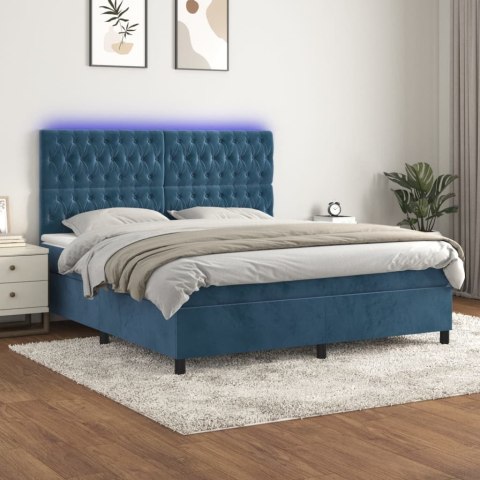 Łóżko kontynentalne, materac i LED, niebieski aksamit 160x200cm