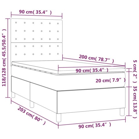 Łóżko kontynentalne, materac i LED, niebieski aksamit 90x200 cm