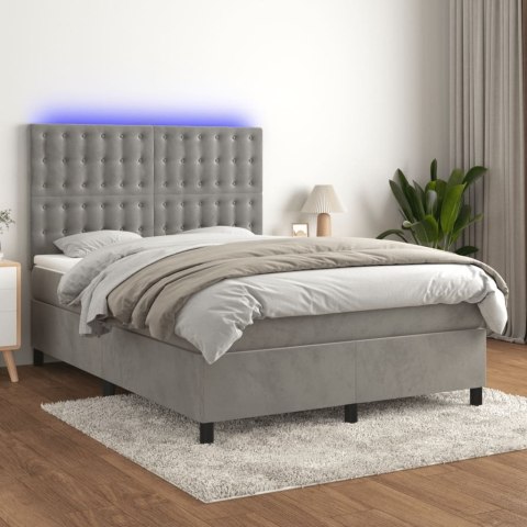 Łóżko kontynentalne z materacem i LED, szare 140x200cm, aksamit