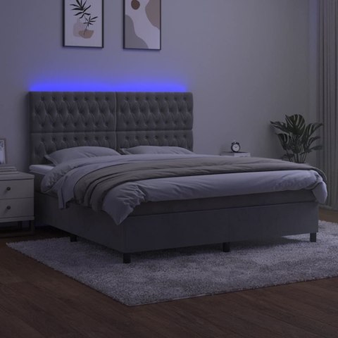 Łóżko kontynentalne z materacem i LED, szare 160x200cm, aksamit