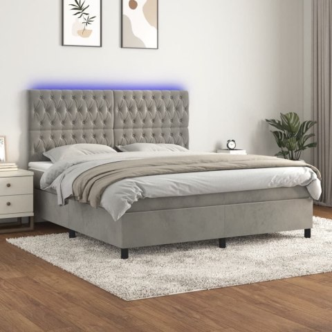 Łóżko kontynentalne z materacem i LED, szare 180x200cm, aksamit